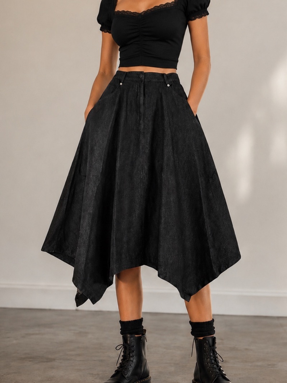 Aleeza Paris Black Denim Handkerchief Hem Midi Skirt - Women